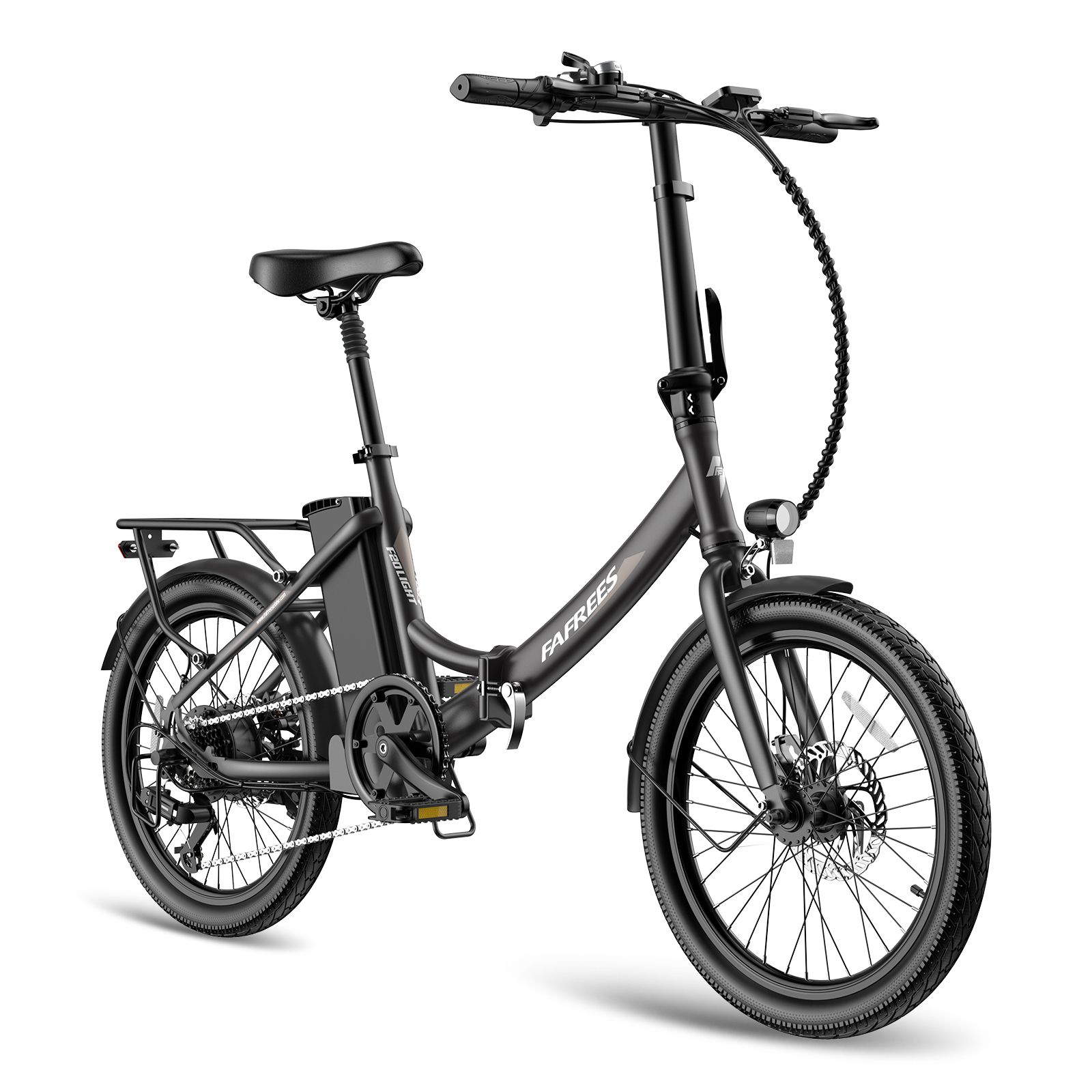 Zwarte opvouwbare e-bike met bagagerek, koplamp en accu. Merk FAFREES.