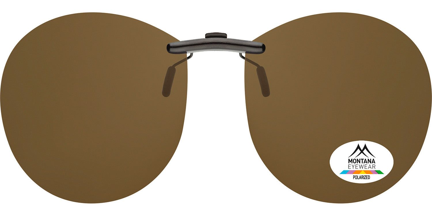 Clip-on solaire marron. Logo Montana Eyewear et mention Polarized. Forme ronde.