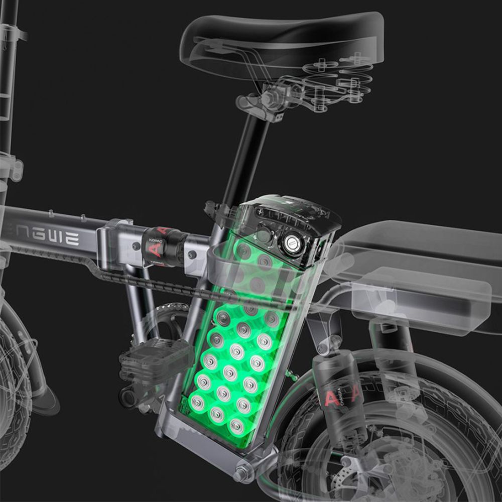 E-bike batterij. Transparante weergave. Groene batterijcellen. Zwart frame. ENGWE logo.