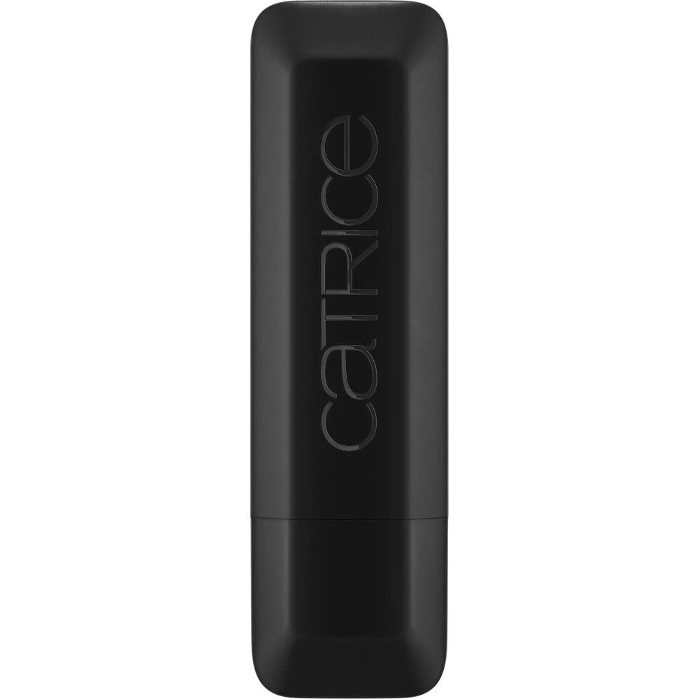 Étui de rouge à lèvres noir fermé avec le nom de la marque "Catrice" en lettres blanches.