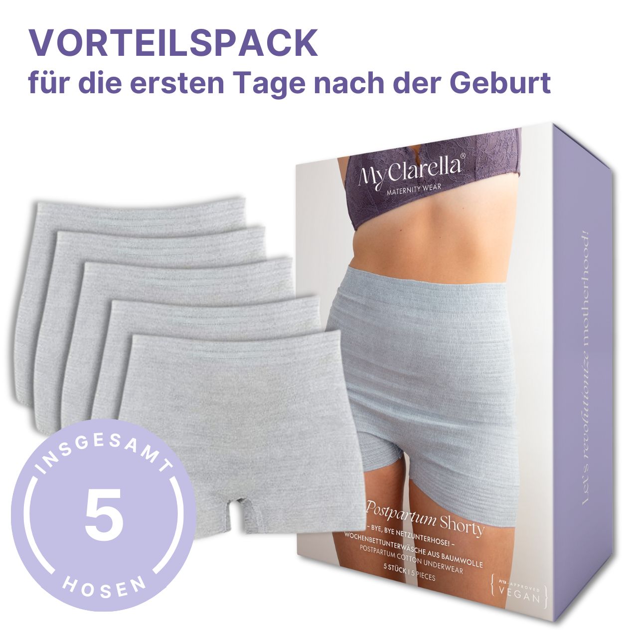 Pack de 5 shortys post-partum gris. Opaque, extensible, sans coutures. Pour les premiers jours après l'accouchement.