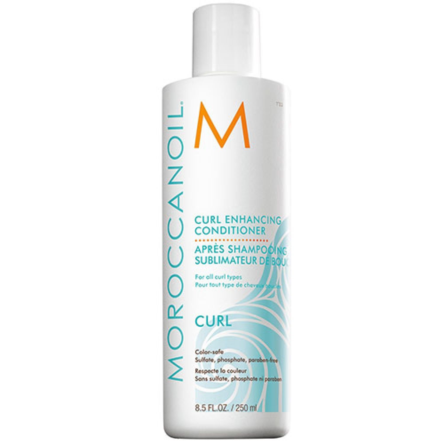 Flacon blanc avec étiquette bleue. Texte: Moroccanoil, Curl Enhancing Conditioner, 8.5 FL.OZ./250 ml.