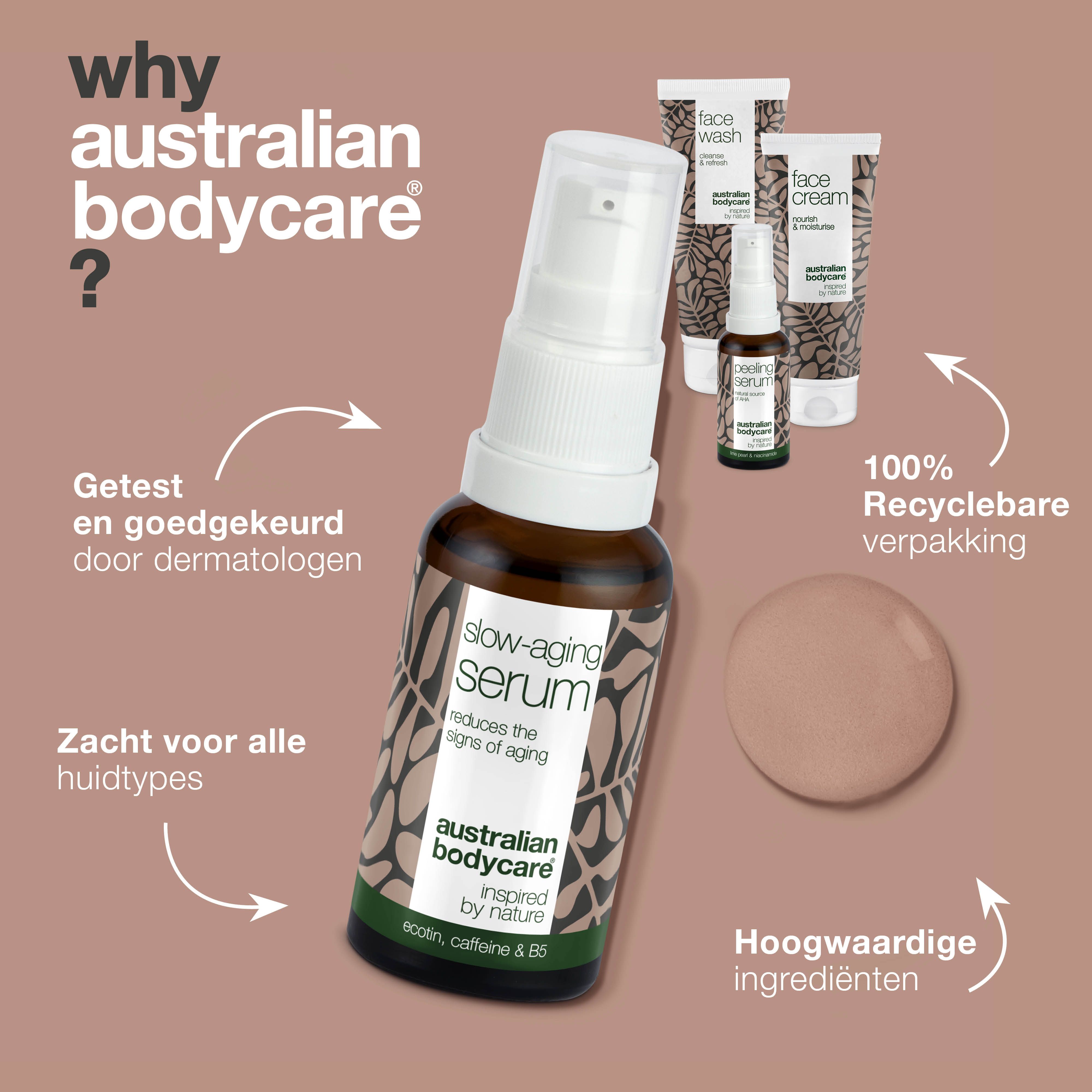 Slow-Aging Serum in bruine fles. Getest, 100% recyclebare verpakking, hoogwaardige ingrediënten. Australian Bodycare.