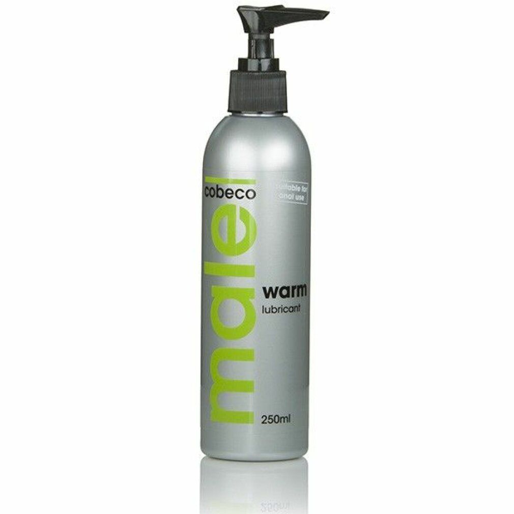 Flacon argenté avec pompe noire. Inscription: male warm lubricant, 250ml. Marque: Cobeco.