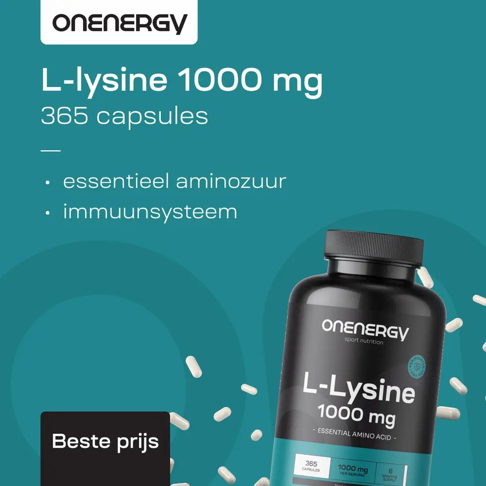 Collage: Links boven een pot L-Lysine 1000 mg, rechts boven een pot L-Lysine 1000 mg. Linksonder een man die rekt, rechtsonder tekst.