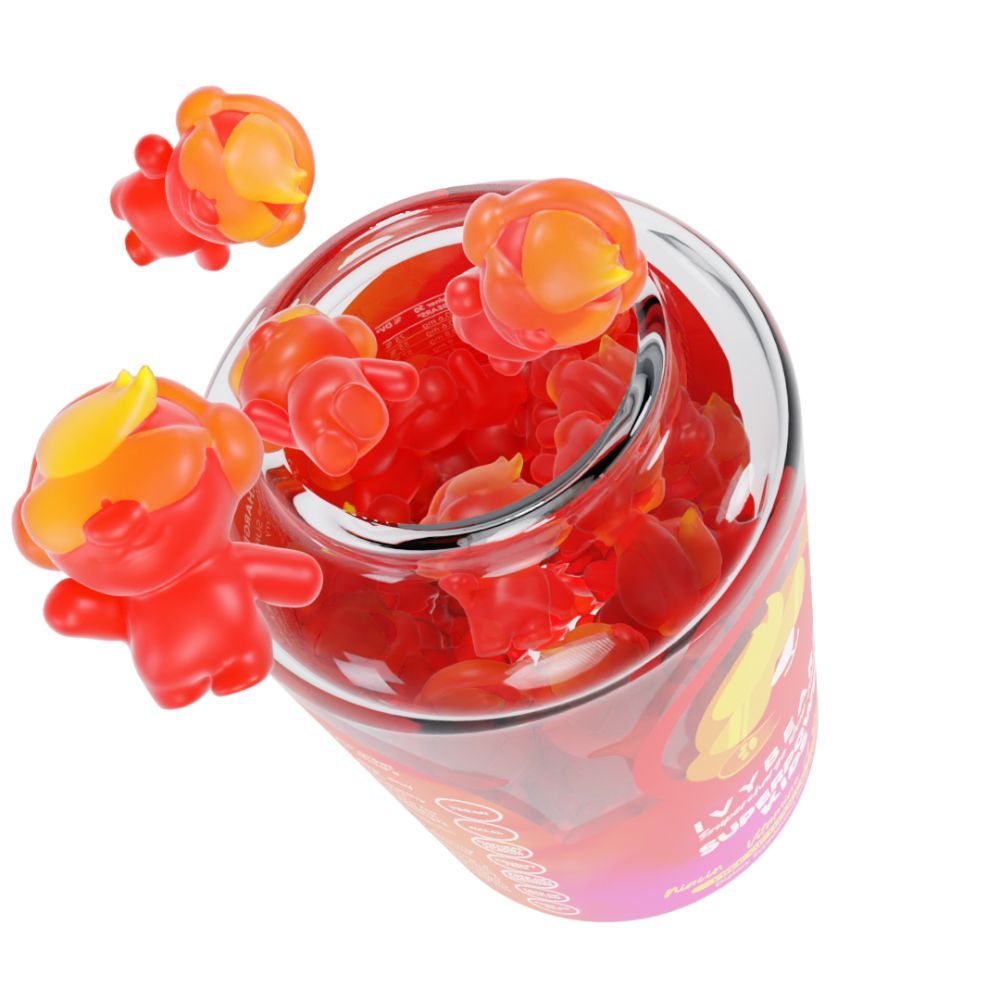 Glazen pot met rode gummyberen. Enkele beren liggen buiten. Geel-oranje details.