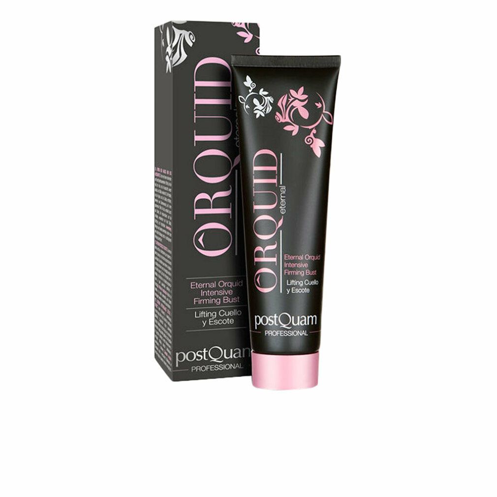 Tube et boîte noirs avec nom du produit et motifs floraux. Texte: Eternal Orquid, Intensive Firming Bust, Lifting Cuello y Escote.