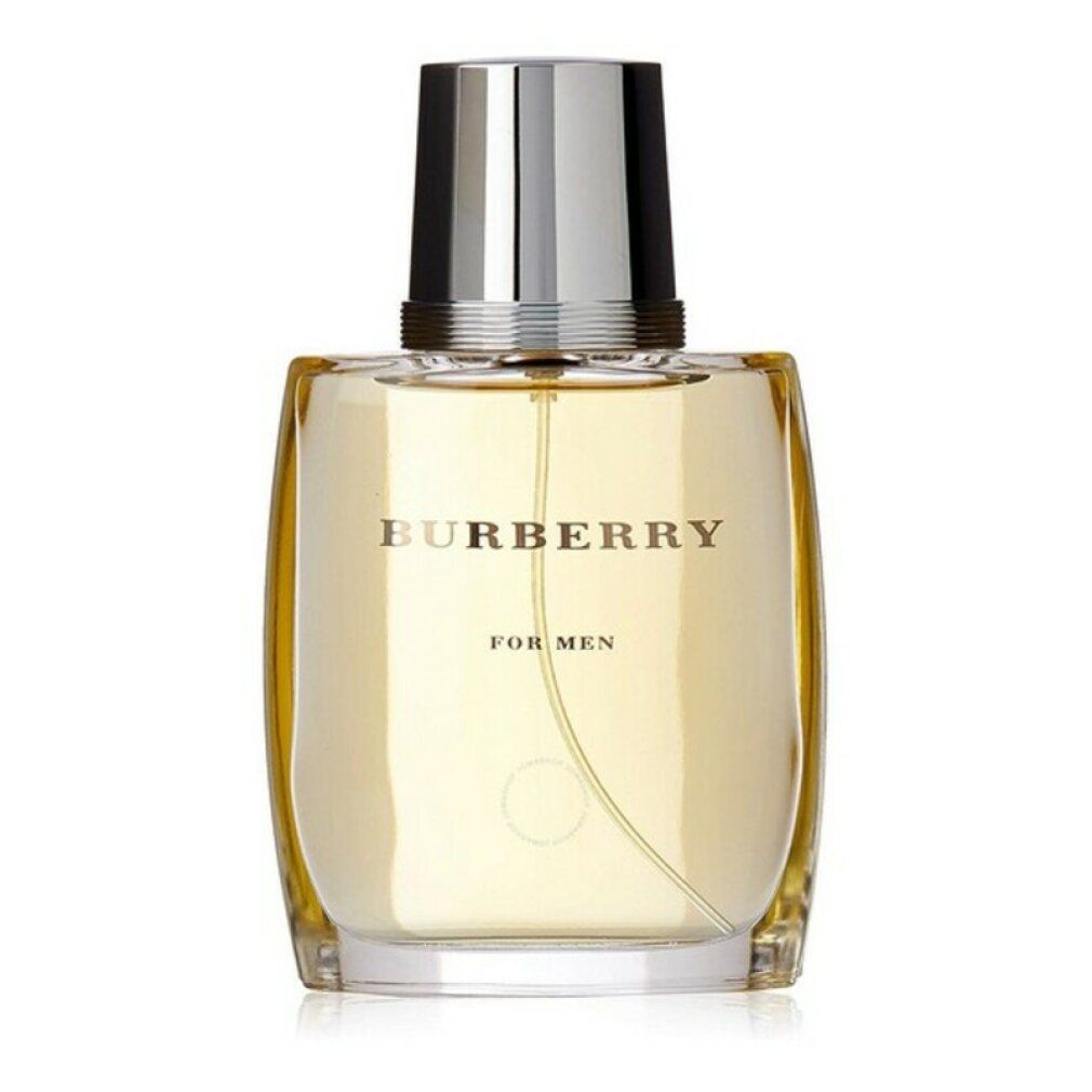 Flacon Burberry for Men Eau de Toilette. Flacon rectangulaire avec bouchon argenté. Inscription : Burberry for Men.