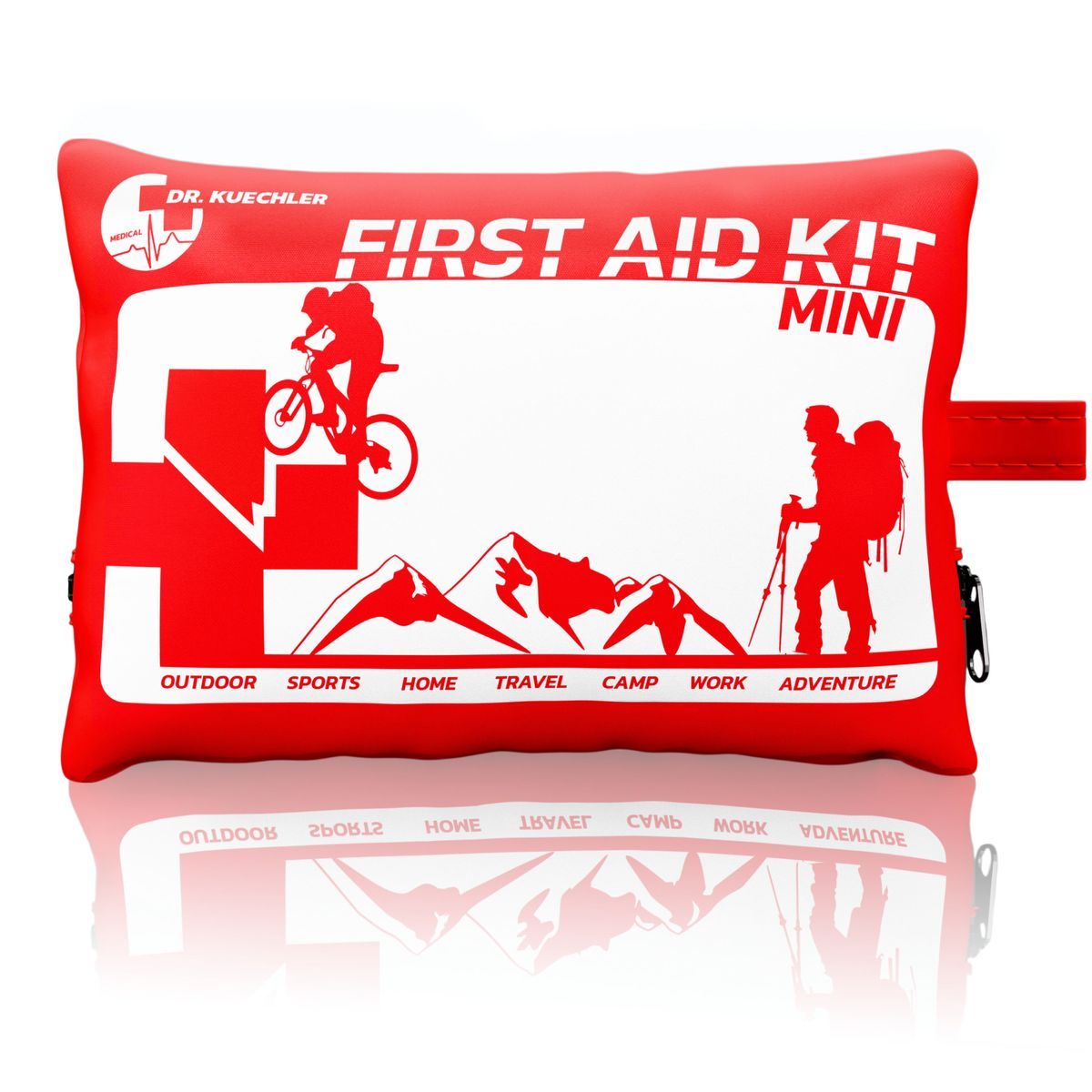 Trousse de premiers secours rouge, rectangulaire, avec fermeture éclair. Inscription : "FIRST AID KIT MINI" et illustrations sportives. Marque : Dr. Kuechler.