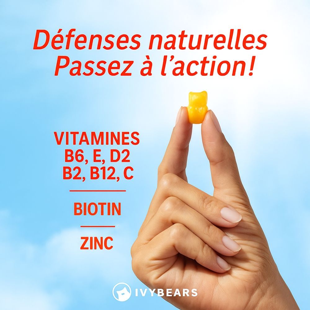 Main tenant un ourson en gélatine jaune. Texte : Vitamines B6, E, D2, B2, B12, C, Biotine, Zinc. Fond : ciel bleu.