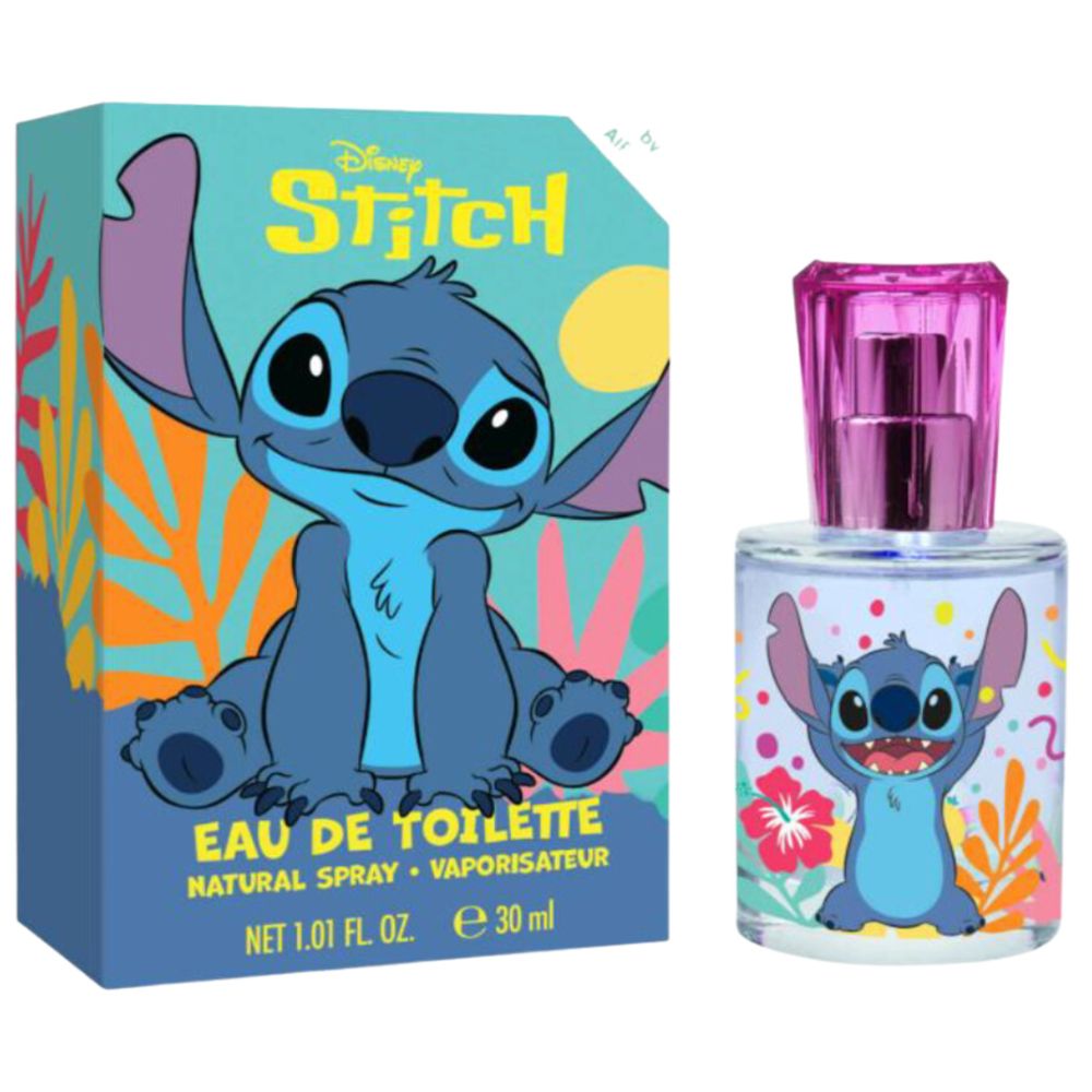 Flacon d'Eau de Toilette Stitch et boîte assortie. Illustration Stitch. Bouchon rose. Inscription: Eau de Toilette, Natural Spray.