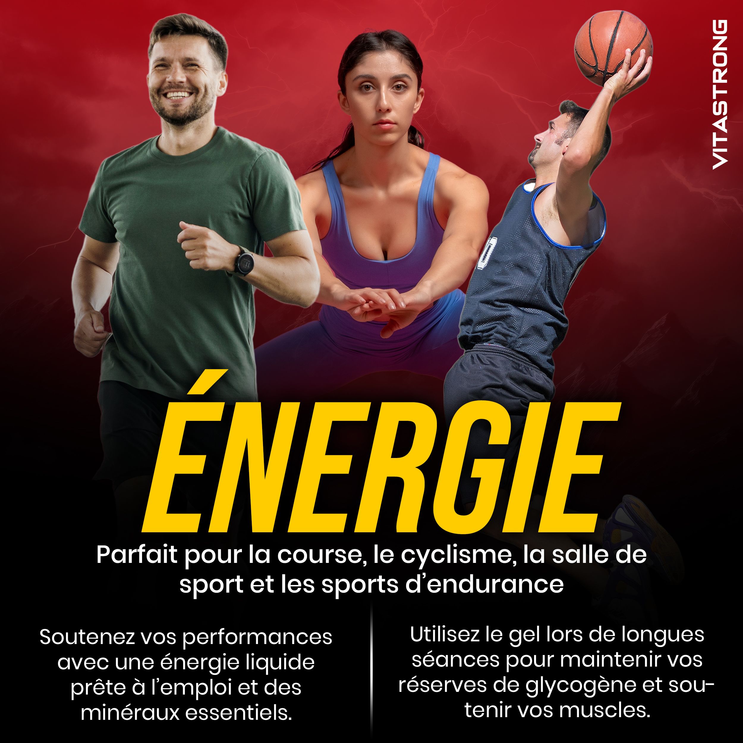 Vitastrong CARBO GEL 2:1. Sporters in actie. Tekst: Energie. Perfect voor hardlopen, wielrennen, sportschool en duursporten.