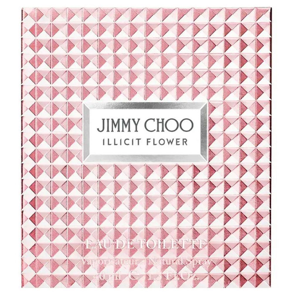 Verpakking Jimmy Choo Illicit Flower Eau de Toilette met geometrisch patroon.