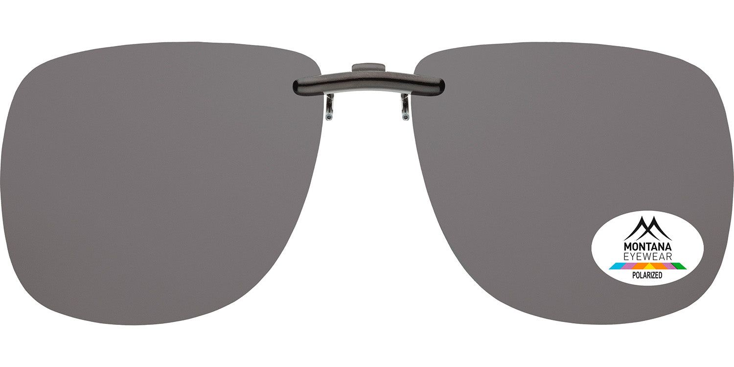 Clip-on solaire gris avec logo Montana Eyewear et indication de polarisation. Forme rectangulaire, monture métallique.