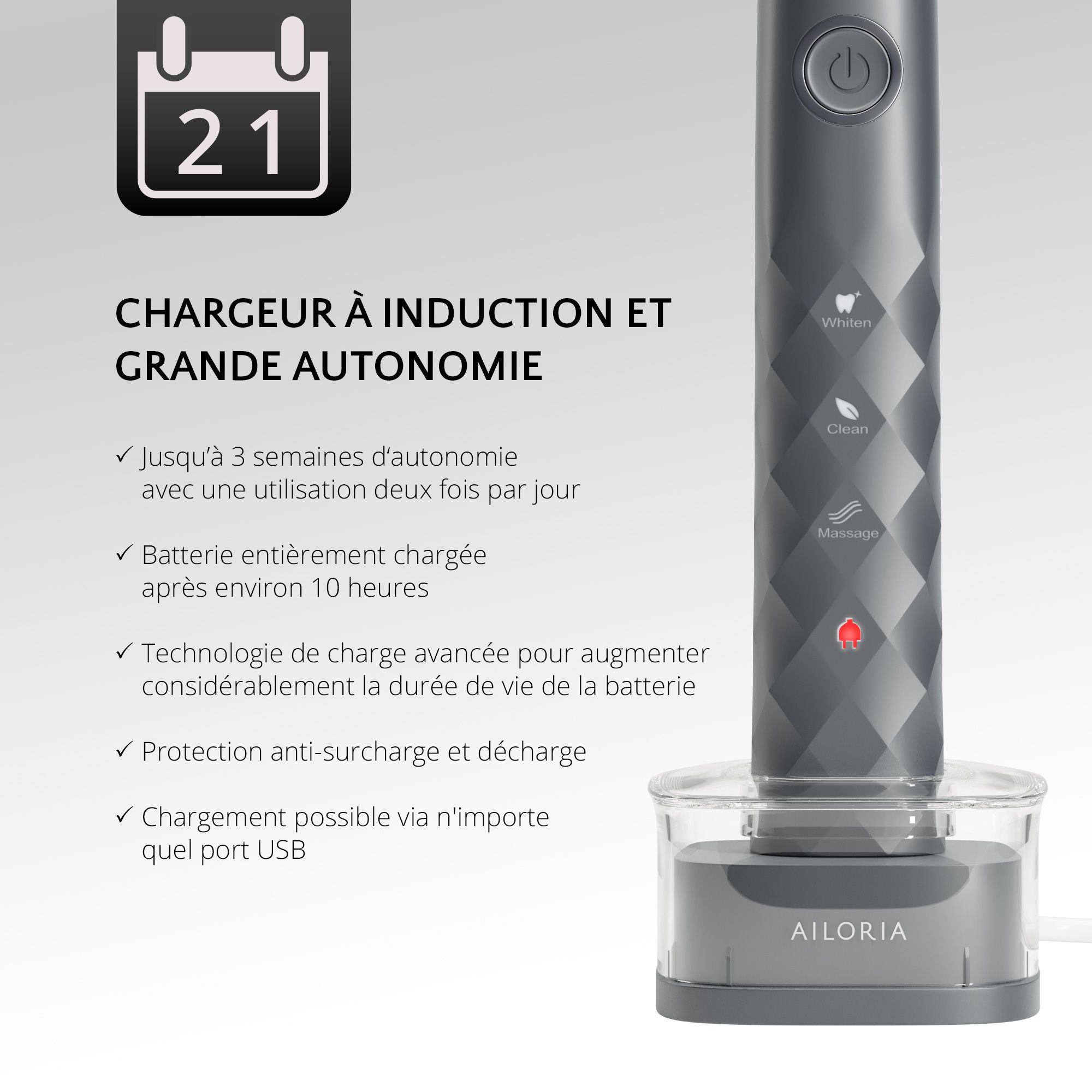 Brosse à dents électrique sur station de charge. Charge inductive. Jusqu'à 3 semaines d'autonomie. Logo AILORIA.