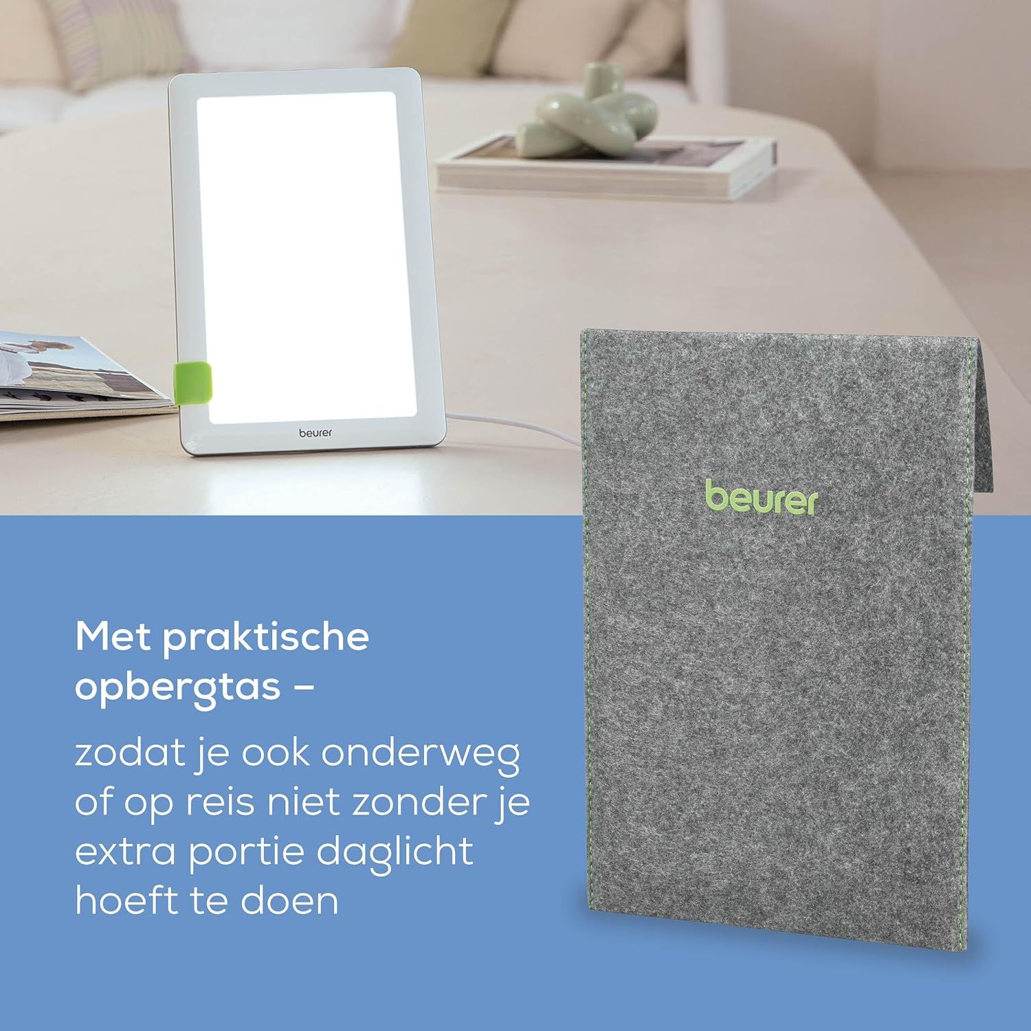 Witte daglichtlamp met groene accenten en grijze vilten opbergtas met Beurer-logo.