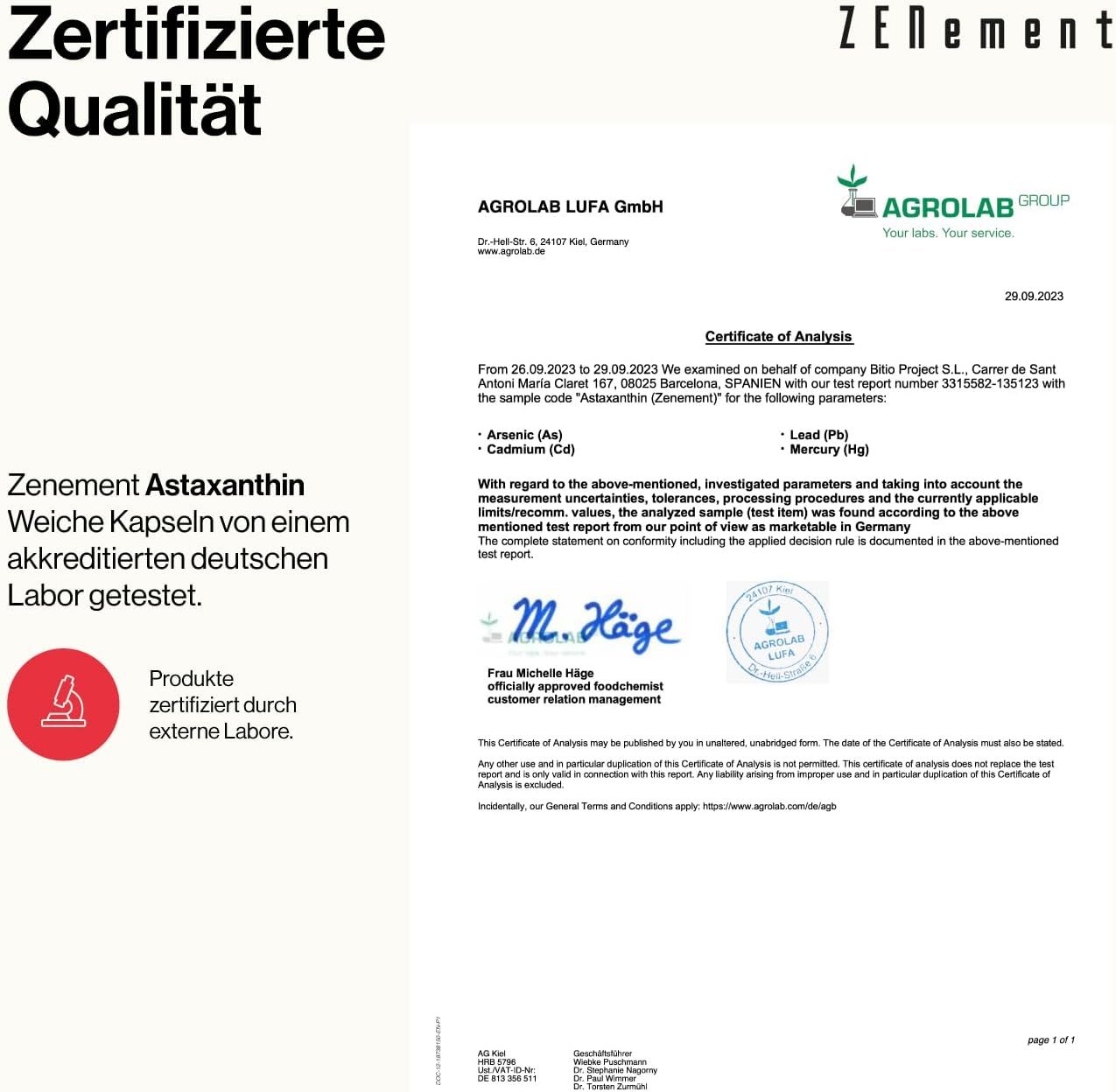 Certificaat van AGROLAB LUFA GmbH. Gecertificeerd kwaliteitslabel. Tekst: Zenement Astaxanthine, zachte capsules getest door een geaccrediteerd Duits laboratorium.