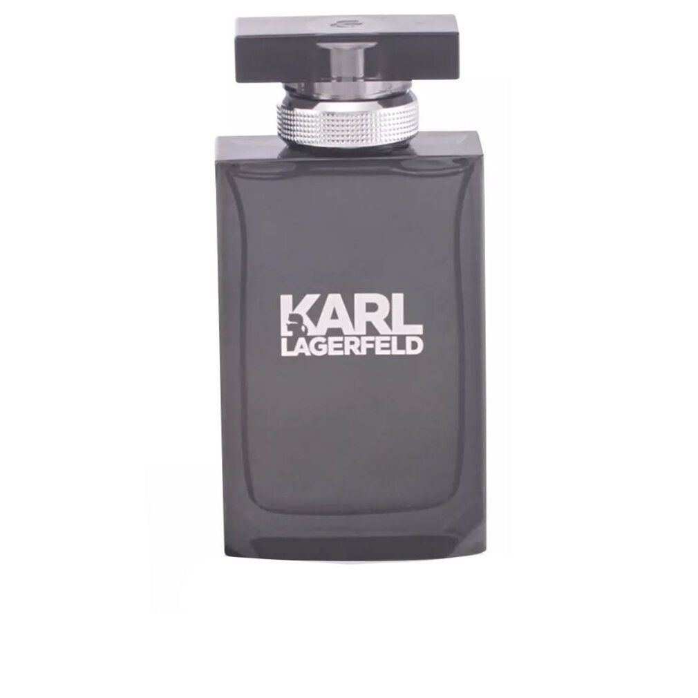 Flacon en verre gris Karl Lagerfeld Pour Homme Eau de Toilette avec anneau argenté moleté sous le bouchon noir.