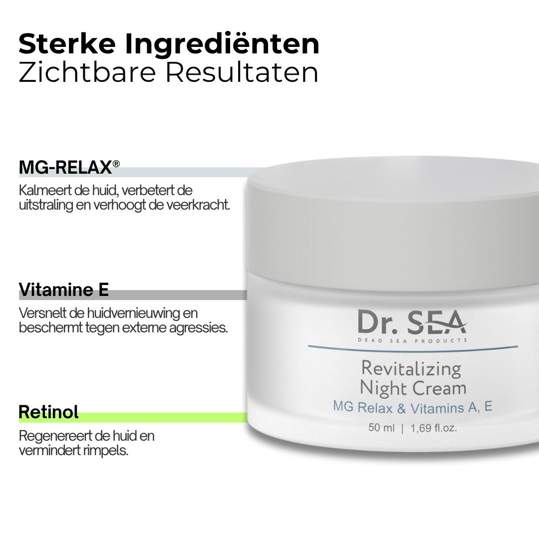 Crèmepot met tekst. Tekst: MG-RELAX, Vitamine E, Retinol.