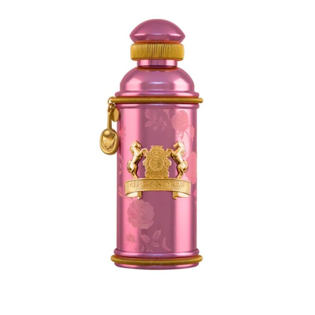 Roze fles met gouden details. Opschrift: Alexandre.J. Rozenpatroon op de fles.