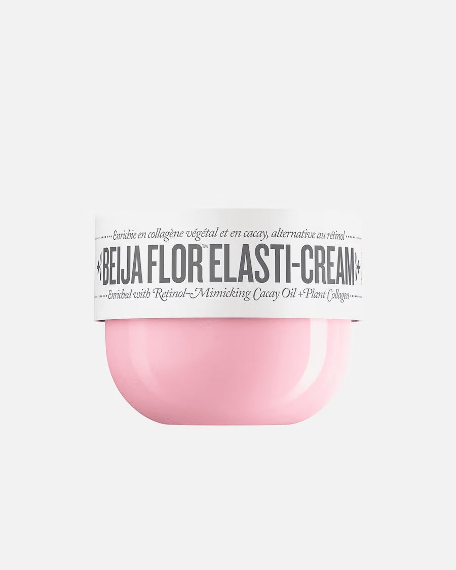 Pot de crème rose avec une étiquette blanche. L'étiquette indique "BEIJA FLOR ELASTI-CREAM".