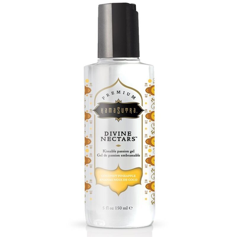 KamaSutra Divine Nectars passiegel, kokosnoot ananas smaak. Transparante fles met zwarte dop. 150 ml.