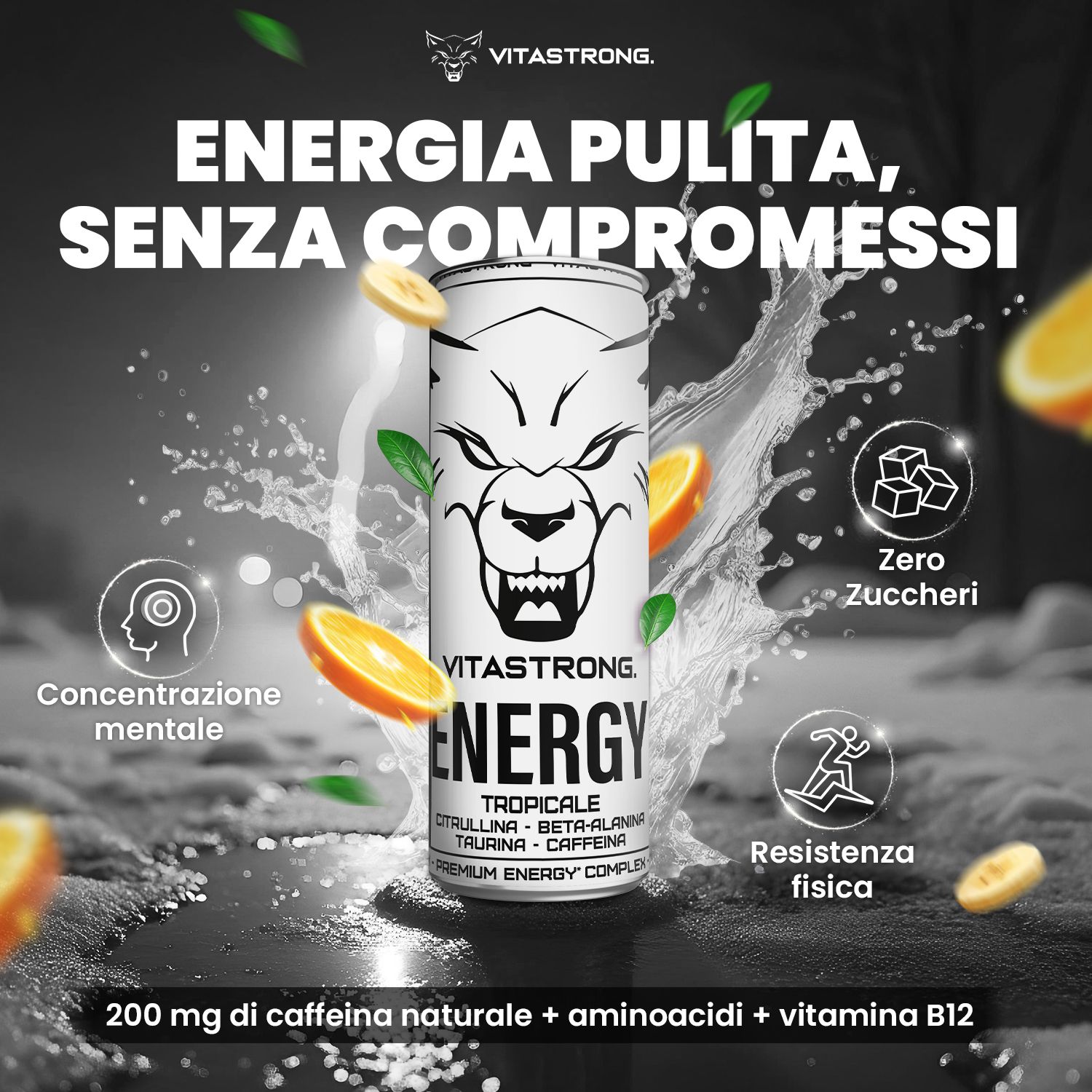 Reclamebeeld met blik, fruit en iconen. Tekst: Pure energie, zonder compromissen.