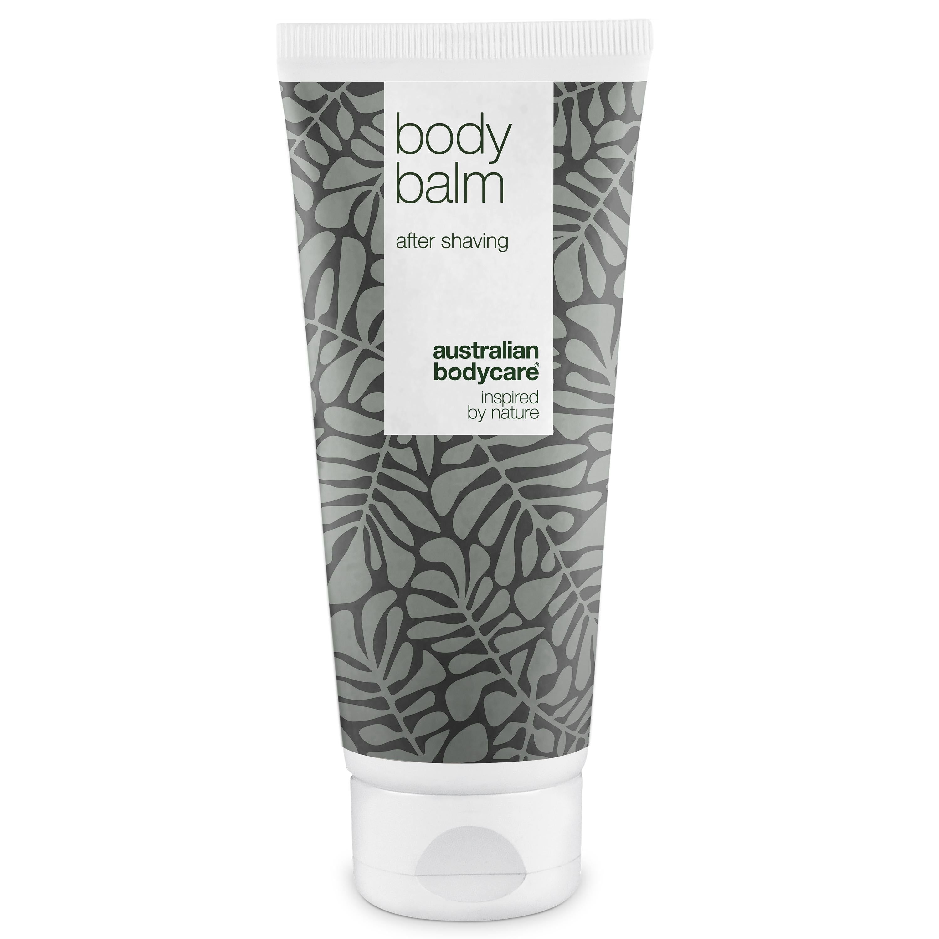 Tube de baume après-rasage. Bouchon blanc, motif de feuilles grises. Inscription : Body Balm, After Shaving, Australian Bodycare.