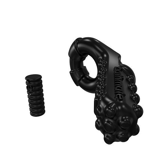 Zwarte penisring met noppen en een apart cilindrisch element.