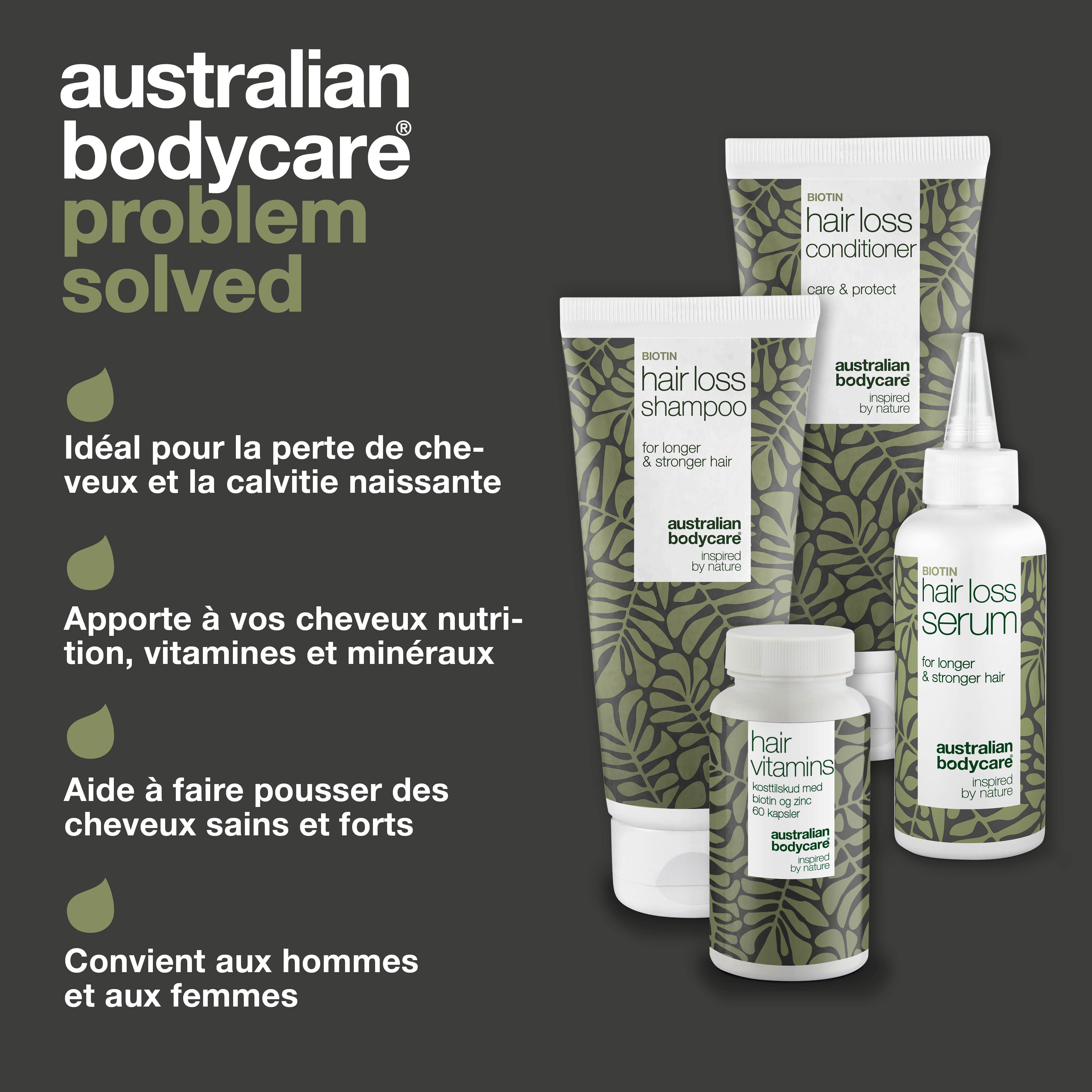 Problème : chute de cheveux, cheveux fins, cheveux abîmés. Solution : produits Australian Bodycare.