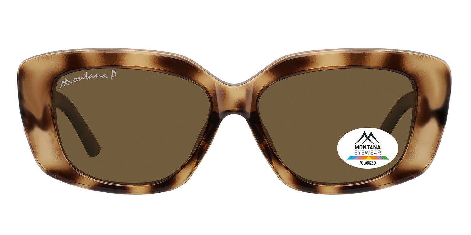 Lunettes de soleil marron avec monture marron. Logo Montana Eyewear et autocollant Polarized. Forme carrée.