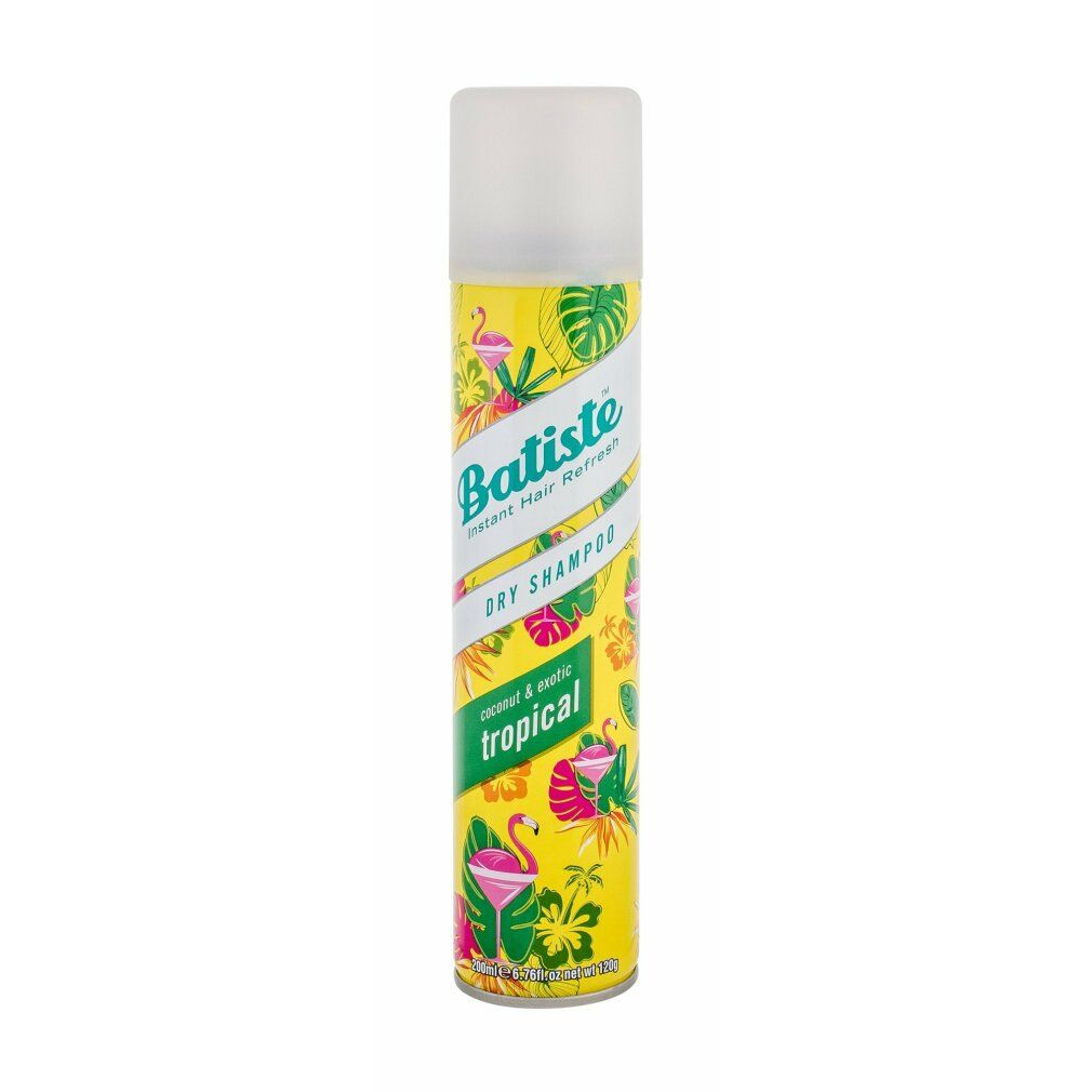 Batiste Droogshampoo Tropical. Gele spuitbus met tropische patronen, flamingo's en bladeren.