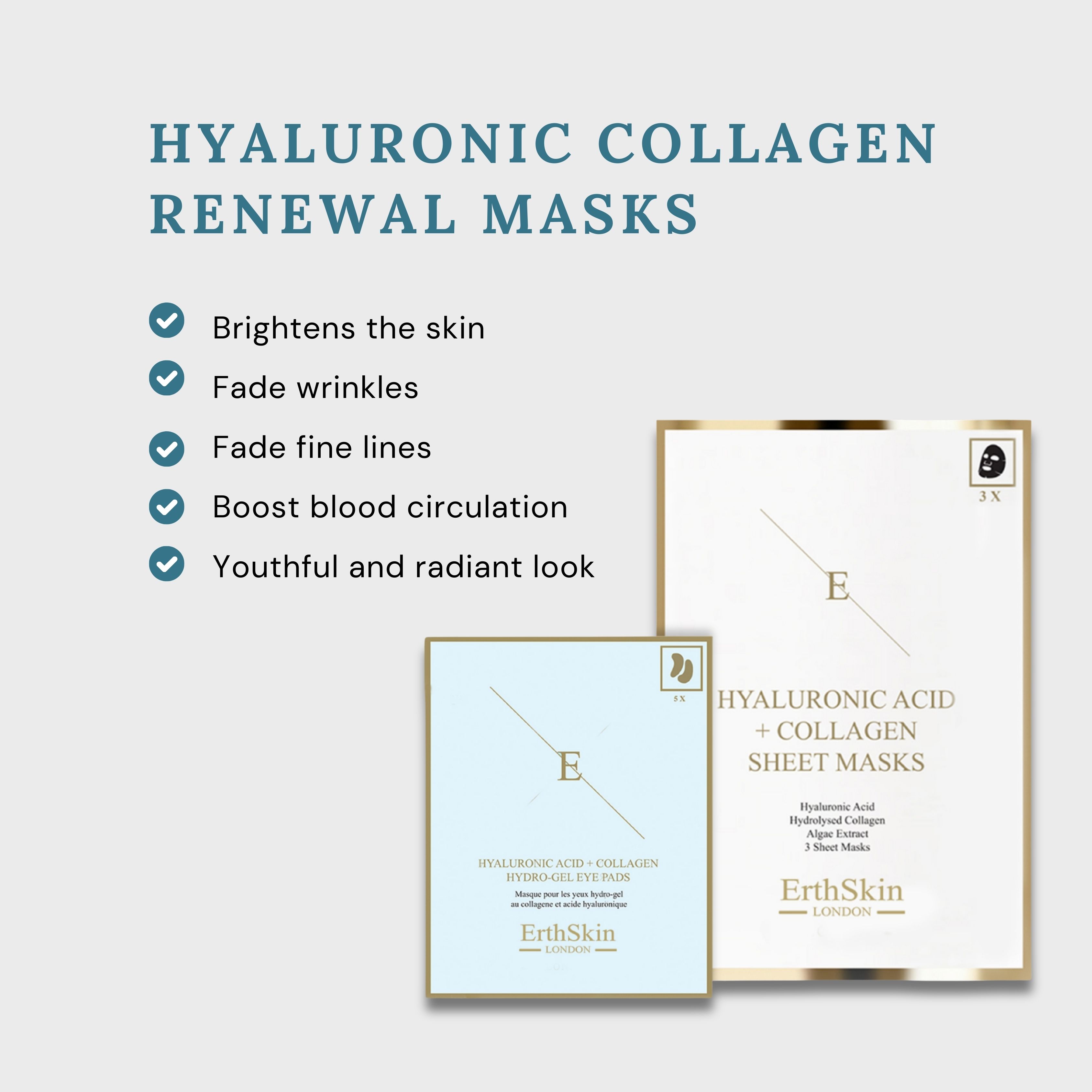 Deux paquets: patchs pour les yeux et masques faciaux. Inscription: Acide hyaluronique + collagène. Marque: ErthSkin London. Texte sur les avantages.