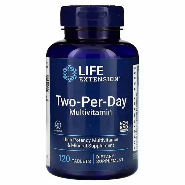 Flacon bleu "Life Extension Two-Per-Day Multivitamin". Contient 120 comprimés. Inscription : "High Potency Multivitamin & Mineral Supplement".