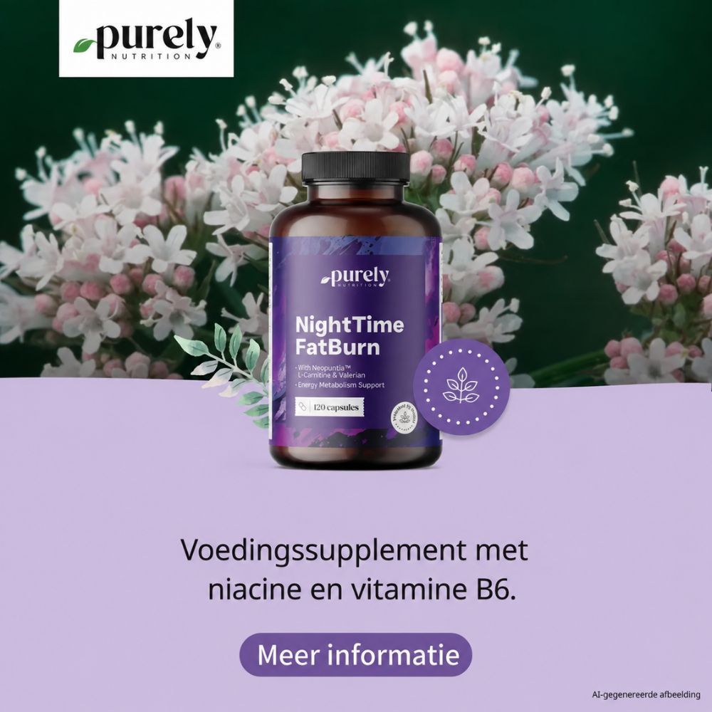 Vrouw in bed naast een pot Purely NightTime Fatburn. Tekst: "Nachtzeit Fatburn Voedingssupplement met niacine en vitamine B6."
