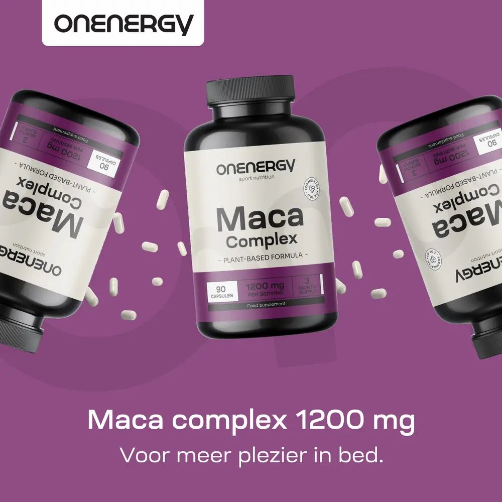 Maca complex 1200 mg. Meerdere flessen. OnEnergy logo. Tekst: Geniet van intieme momenten.