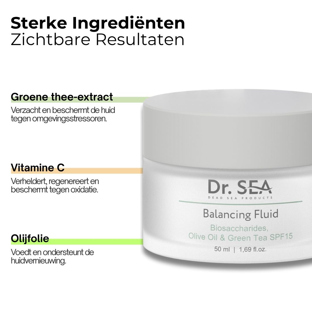 Product met tekst. Tekst: Groene thee-extract, Vitamine C, Olijfolie. Product: Dr. SEA Balancing Fluid.