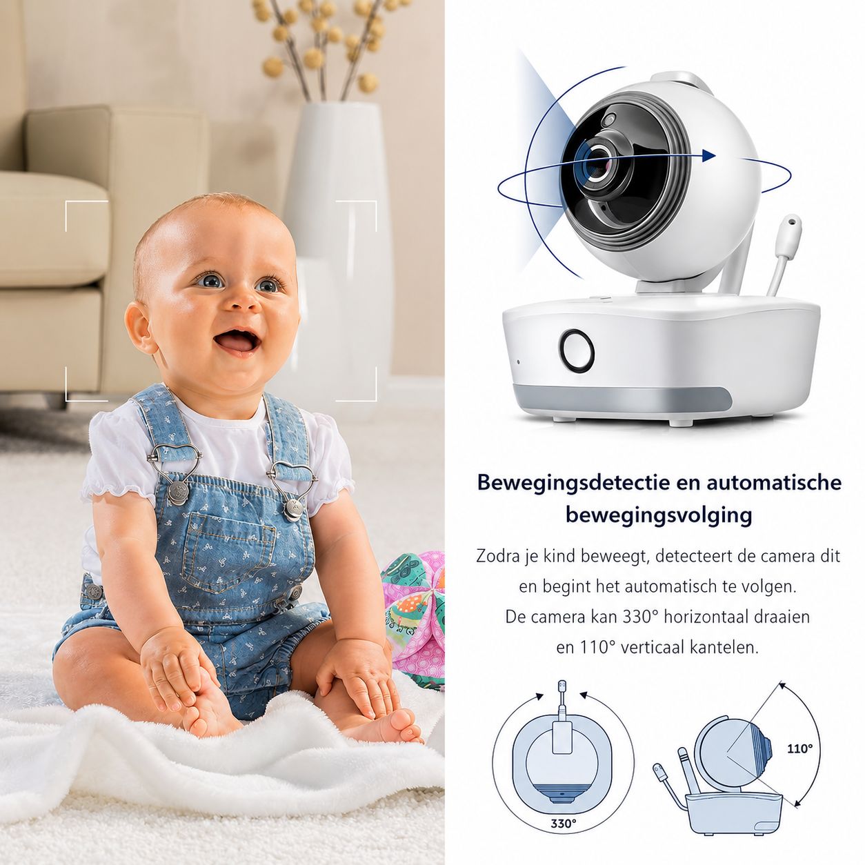 Een witte babyfoon camera met bewegingsdetectie en pan/tilt functionaliteit.
