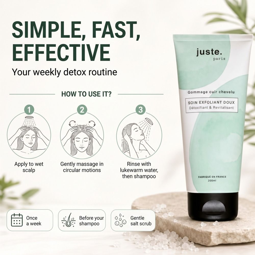Groene tube 'juste. paris soin exfoliant doux' met iconen voor ingrediënten en voordelen.