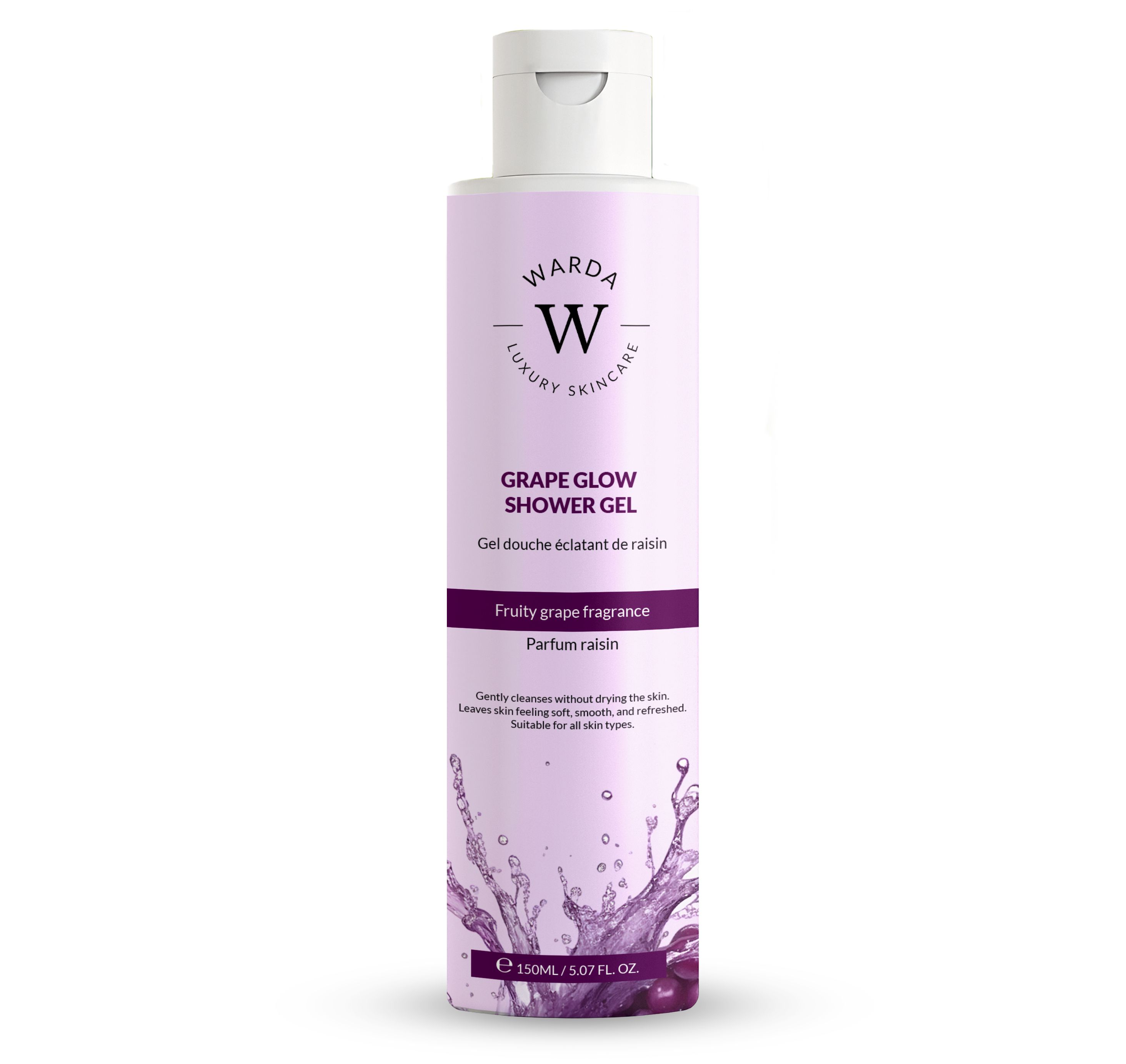 Fles Warda Luxury Skincare douchegel. Lila etiket met productnaam en logo. Witte dop.