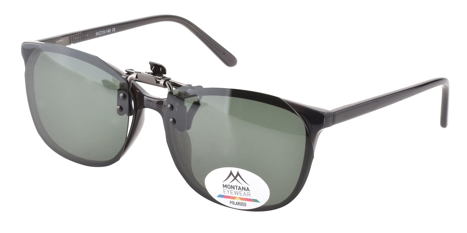 Montana Eyewear Sopot clip-on zonnebril. Zwart montuur, groene glazen. Clip-on mechanisme. Logo en Polarized.