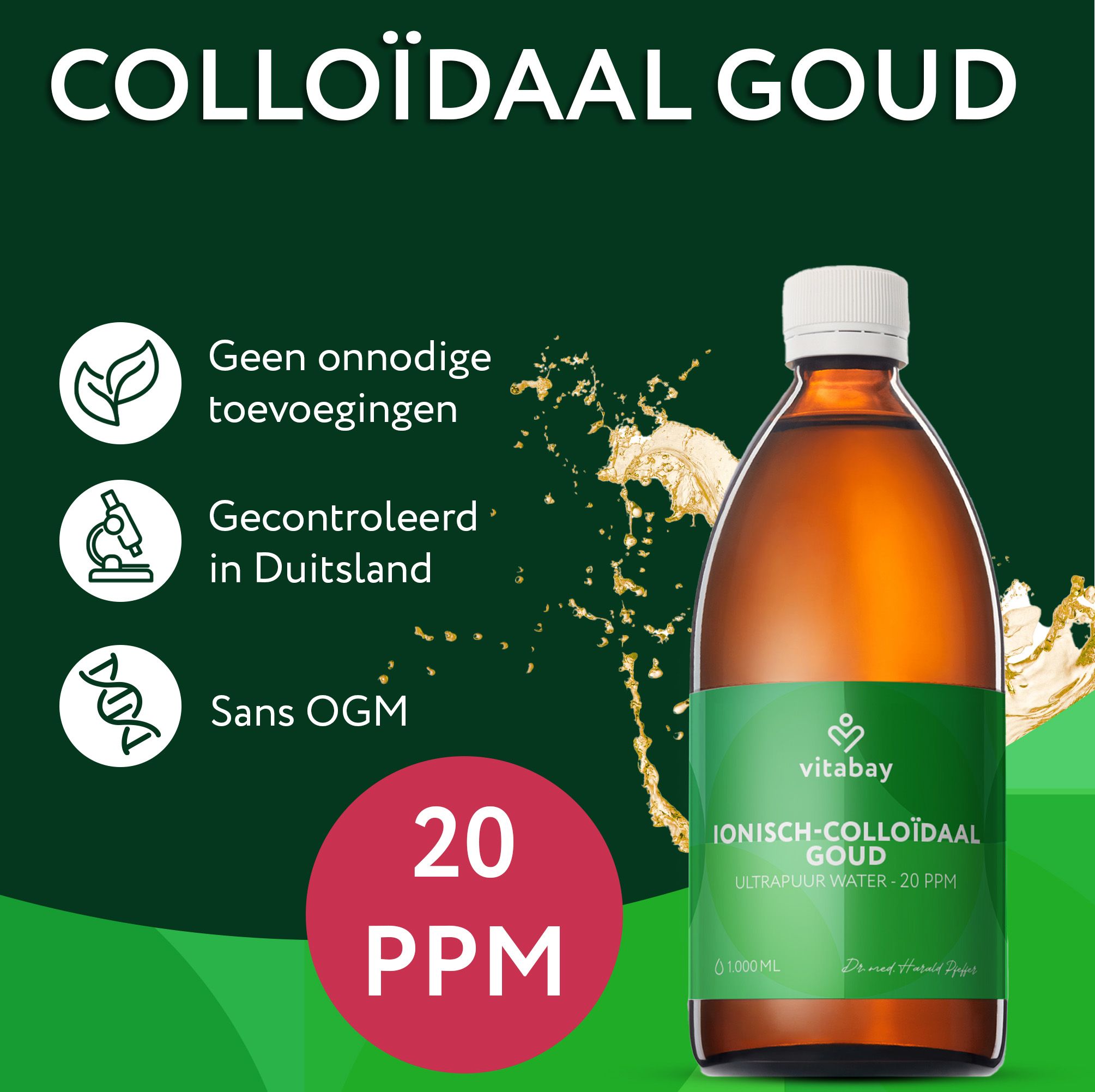 Fles Colloïdaal Goud 20 PPM met iconen: Geen toevoegingen, Gecontroleerd in Duitsland, Zonder GGO.