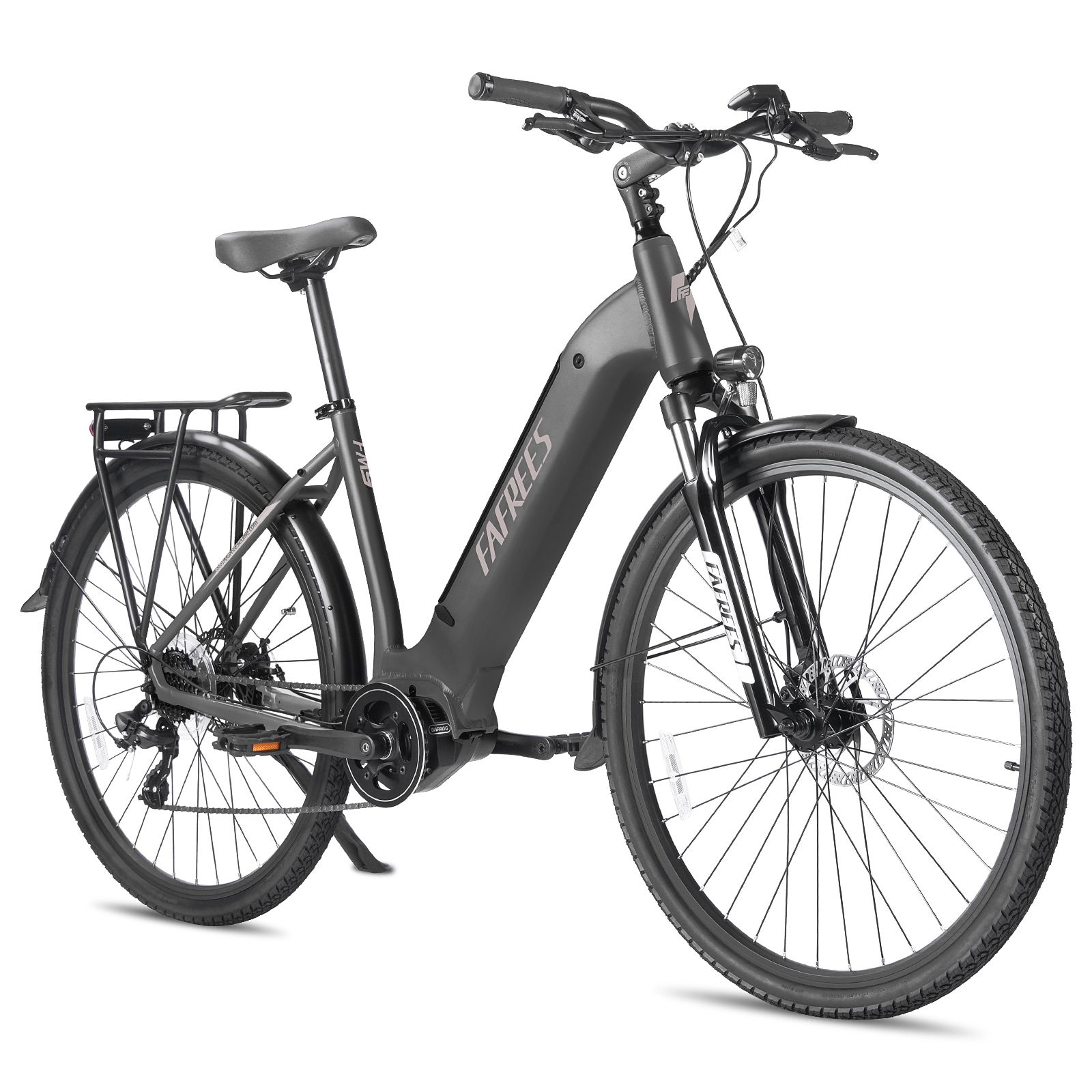 Vélo électrique de trekking gris avec moteur central. Marque Fafrees. Porte-bagages, garde-boue et éclairage.