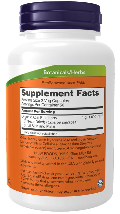 Dos de la bouteille. Étiquette orange avec texte : "Supplement Facts", ingrédients, informations fabricant et labels qualité.