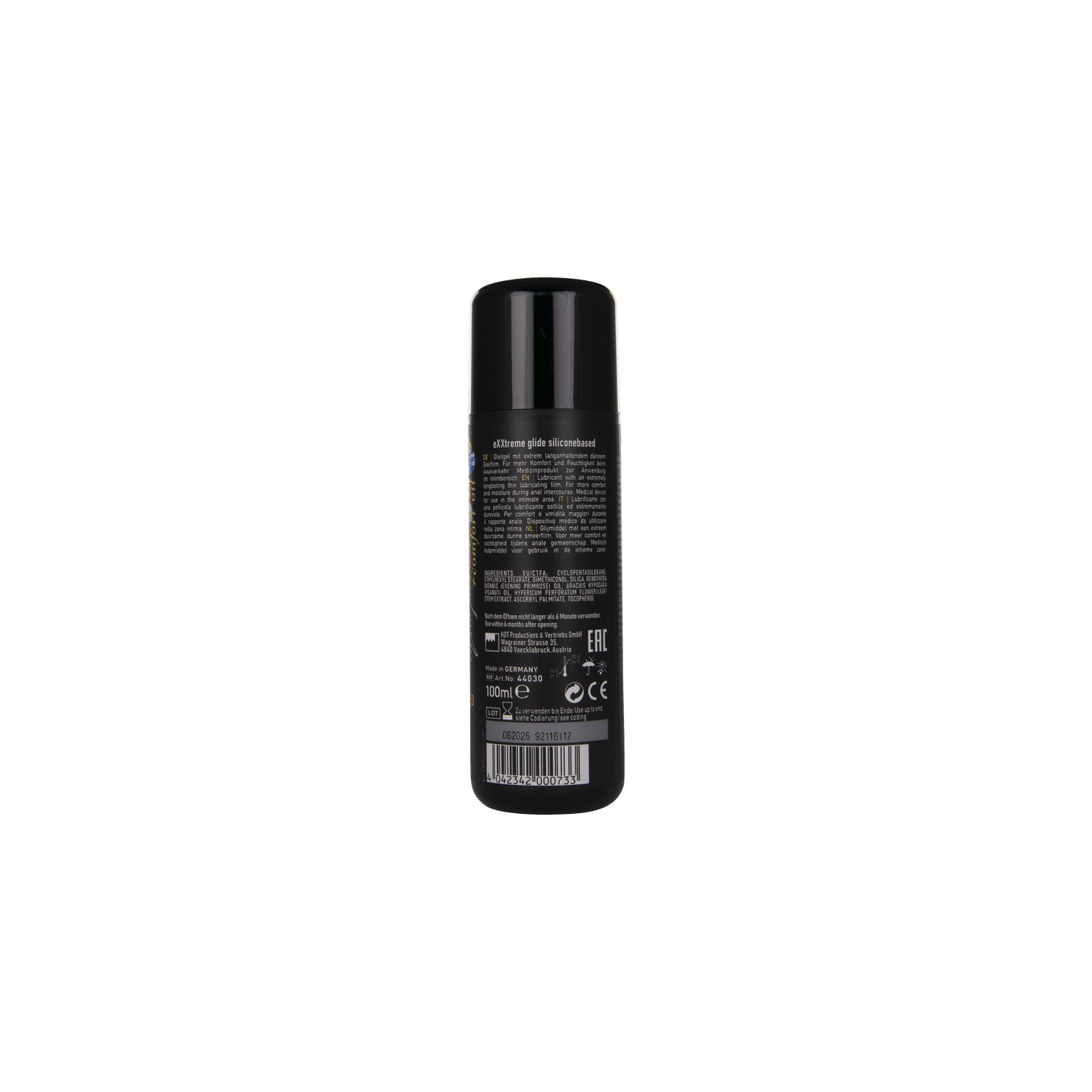 Flacon noir avec texte. Dos de eXXtreme GLIDE.