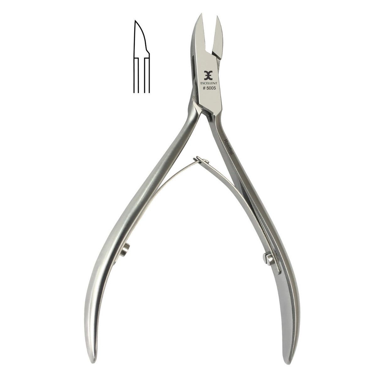 Metalen nageltang. Slanke snede. Tekening van de snijvorm. Merk en modelnummer zichtbaar.