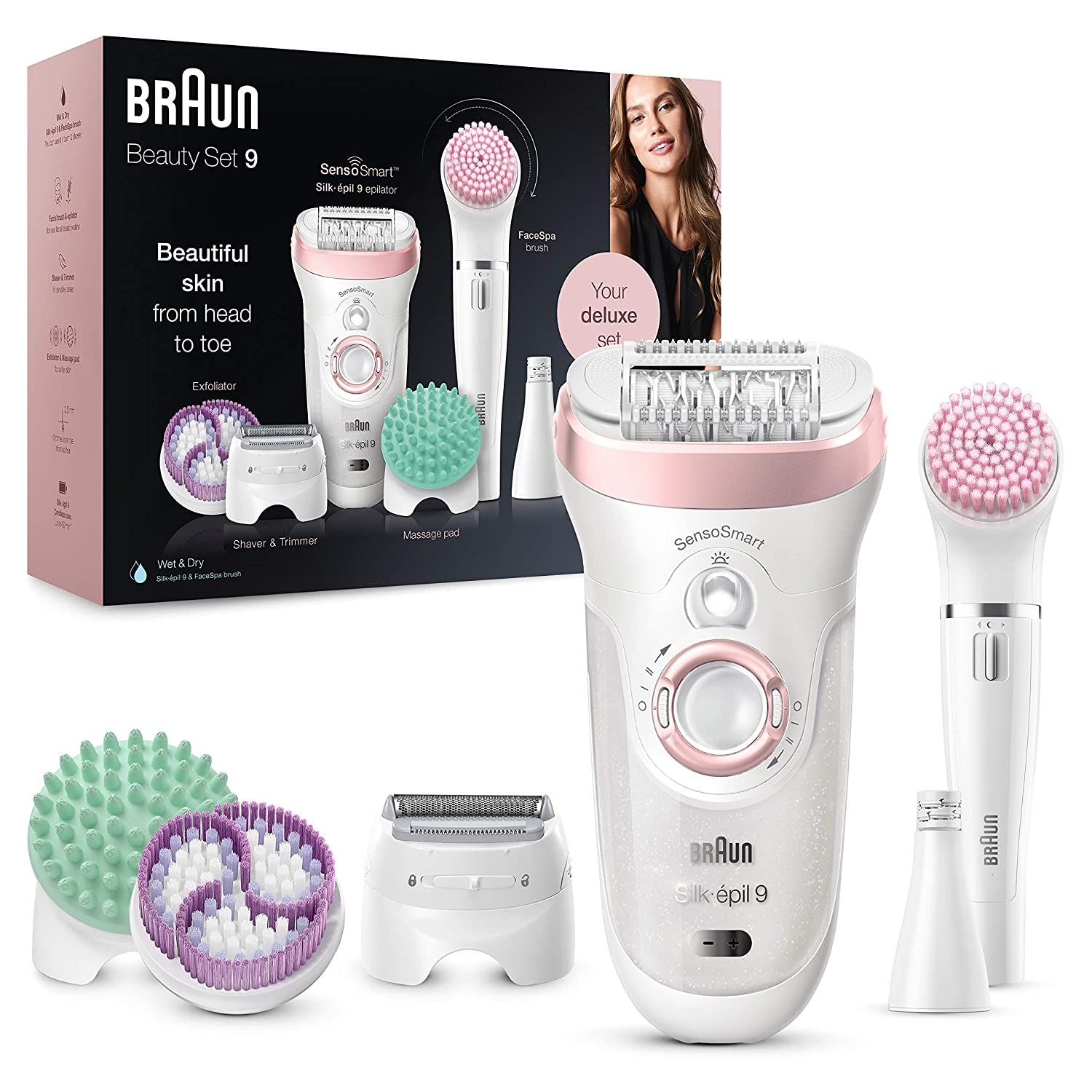 Coffret épilateur avec accessoires. Comprend épilateur, brosses nettoyantes, tête de rasage et autres têtes. Emballage avec image du produit et modèle.
