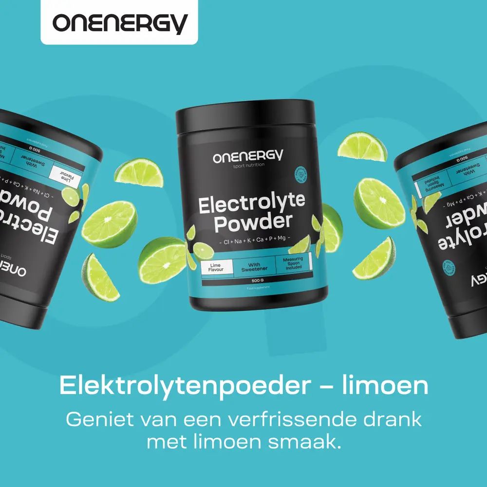 Drie potten "ONENERGY Electrolyte Powder". Limoenpartjes. Tekst: Elektrolytenpoeder – limoen.