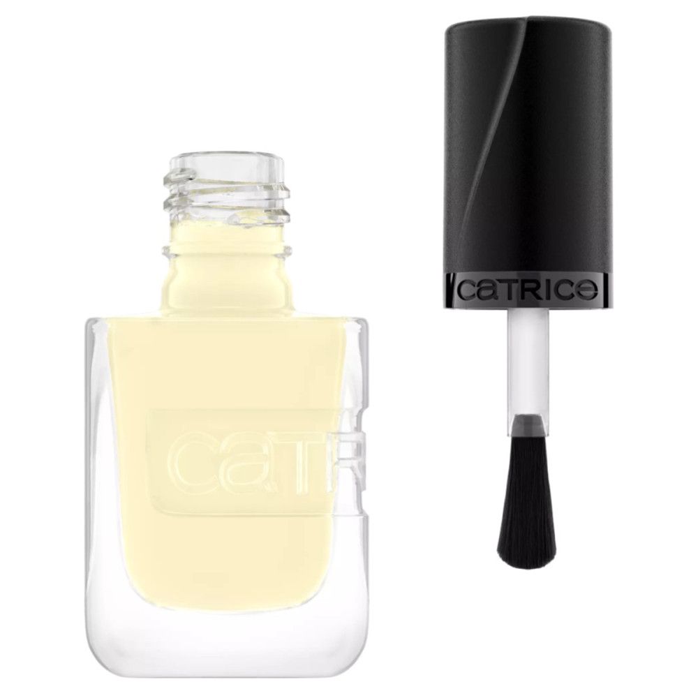 Flacon de vernis à ongles avec bouchon et pinceau ouverts. Le flacon est rempli de vernis à ongles jaune. Le bouchon est noir.