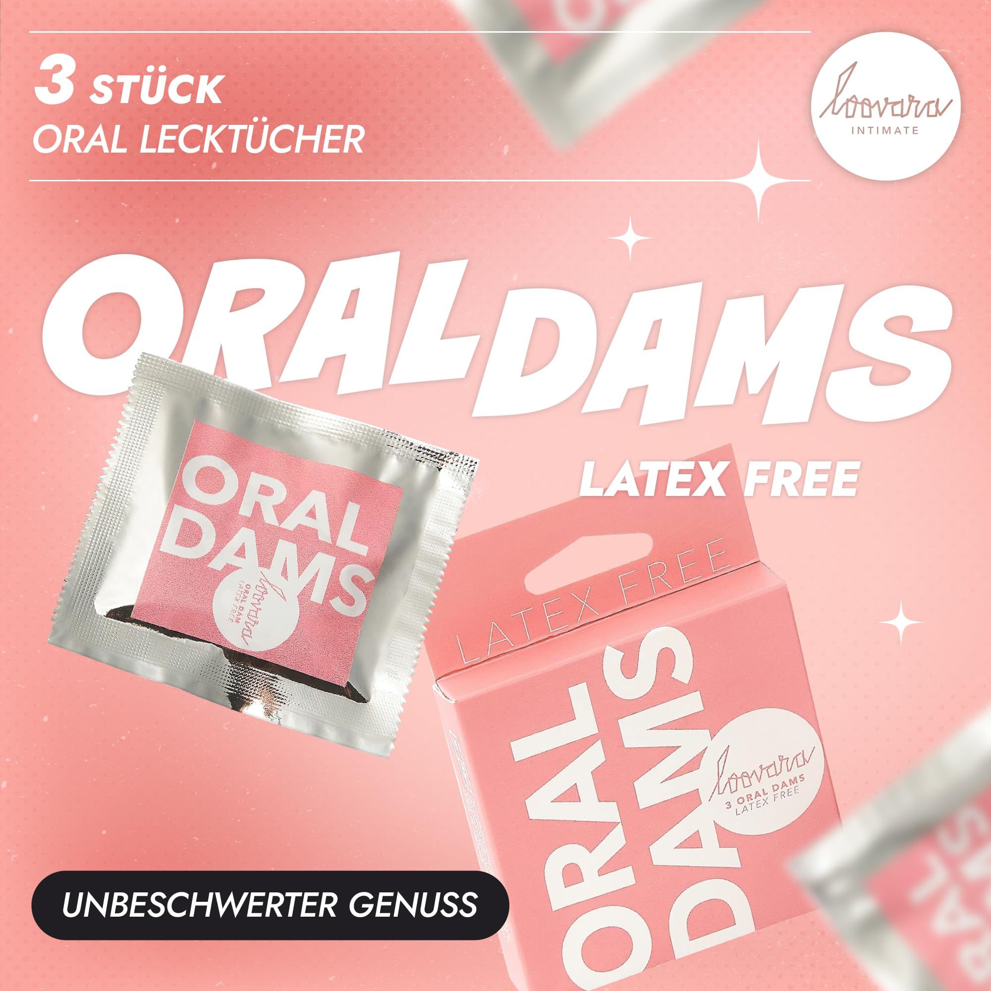 Trois Loovara Oral Dams emballés individuellement, sans latex, et une boîte rose.